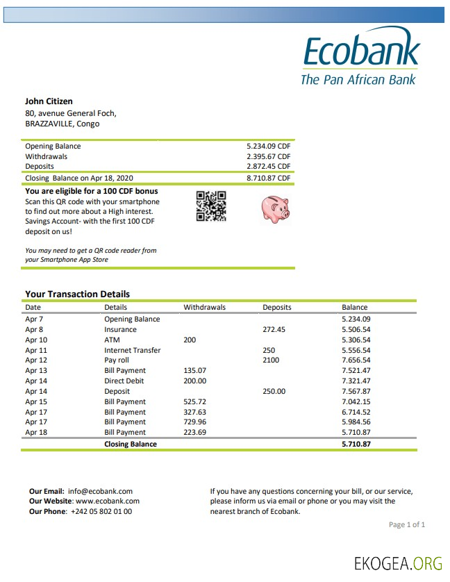 Relevé de la banque Congo Ecobank